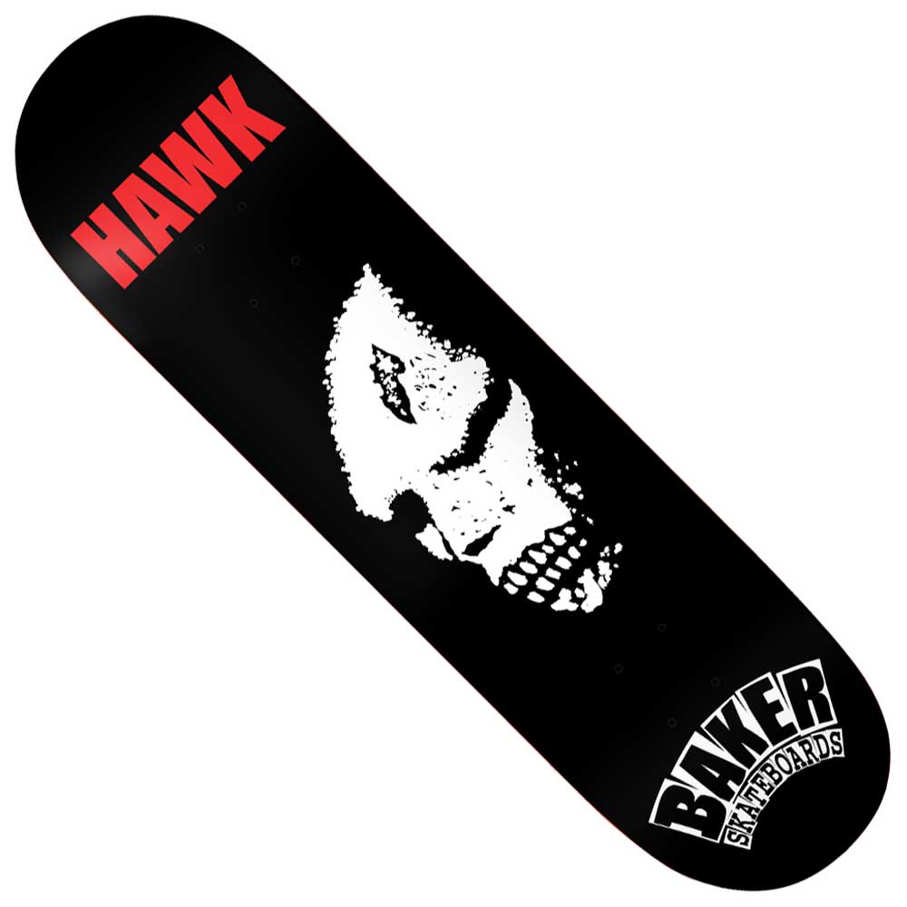 The Riley Hawk 8.38 Craters of the Skull Baker Skateboards Deck features a black background with HAWK in bold red at the top, BAKER SKATEBOARDS in white at the bottom, and a striking white “Craters of the Skull” skeletal face graphic prominently displayed at the center.