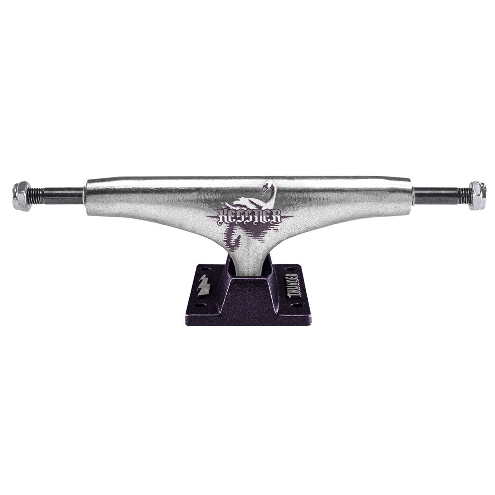 Ronnie Kessner Pro Inverted Thunder 148 Trucks set featuring a silver hanger with a swan graphic and a dark purple baseplate.
