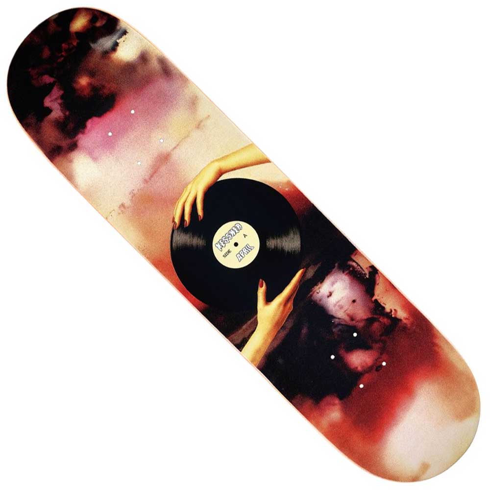 The Ronnie Kessner 8.5 Record Multicolor April Skateboards Deck features artwork of two hands holding a vinyl record on a blurred, abstract red and cream background.