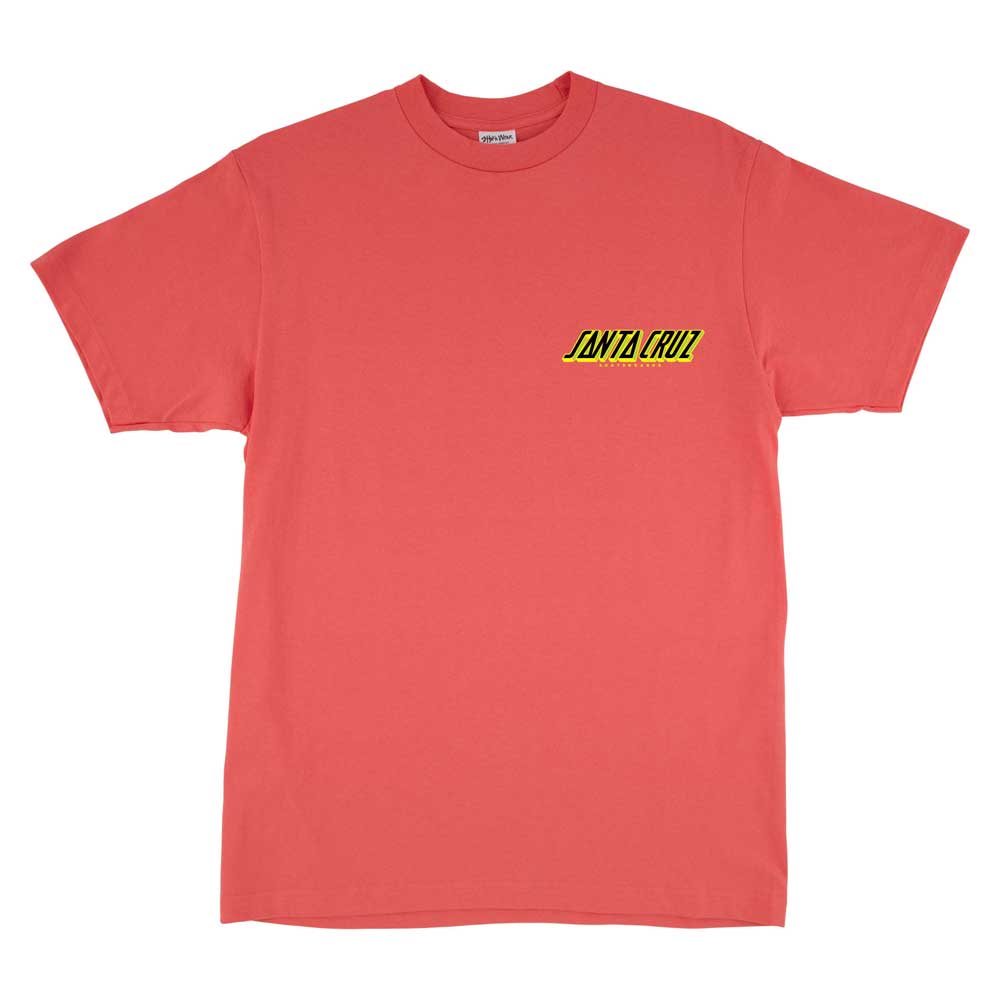 The Roskopp Cruz Control Heavyweight T-Shirt in coral features a small yellow and black Santa Cruz logo on the left chest. This regular fit men's tee is a staple for skateboard fans, shown laid flat on a white background.