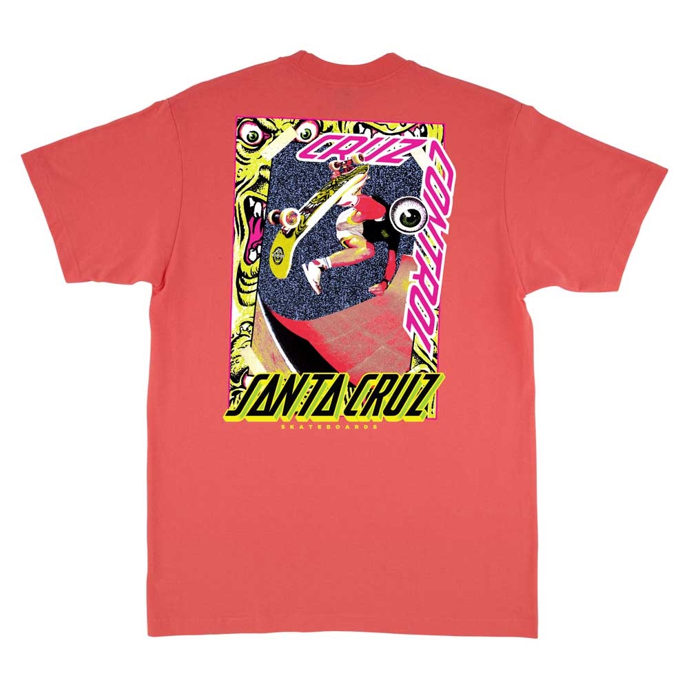 The Roskopp Cruz Control Heavyweight T-Shirt in coral by Santa Cruz features a men's regular fit and showcases a vibrant skateboarder graphic with dynamic yellow, pink, and black text—a bold choice for any skate apparel collection.