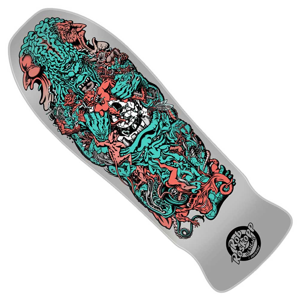 The Roskopp Five Reissue 10.22in x 30.282in Santa Cruz Deck features a detailed, colorful illustration with surreal teal and red abstract shapes, plus the Rob Roskopp logo at the tail. This reissue deck is built with the iconic Cruz Missile II concave for classic performance and style.