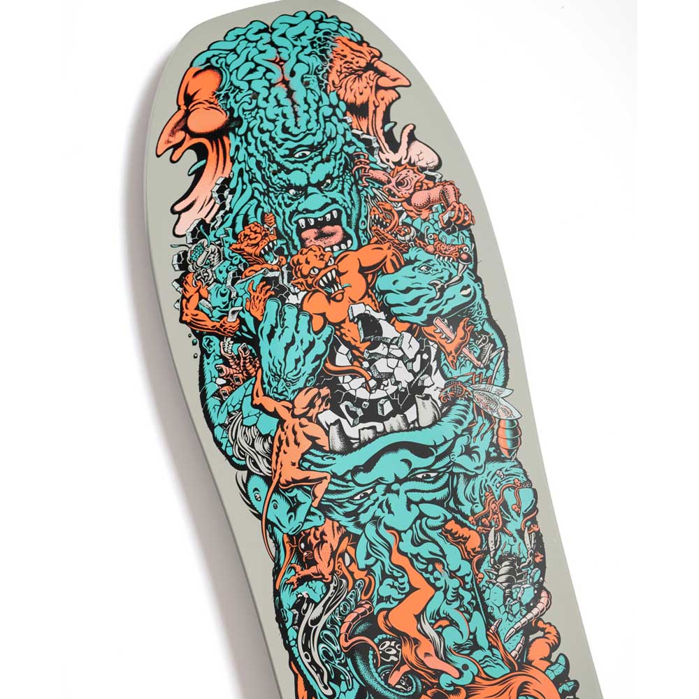 Close-up of a Santa Cruz Roskopp Five Reissue 10.22in x 30.282in deck, showcasing vibrant, chaotic, and surreal artwork with distorted faces, creatures, and swirling shapes in teal, orange, and black against a light background. The Cruz Missile II concave enhances the dynamic look of this iconic design.