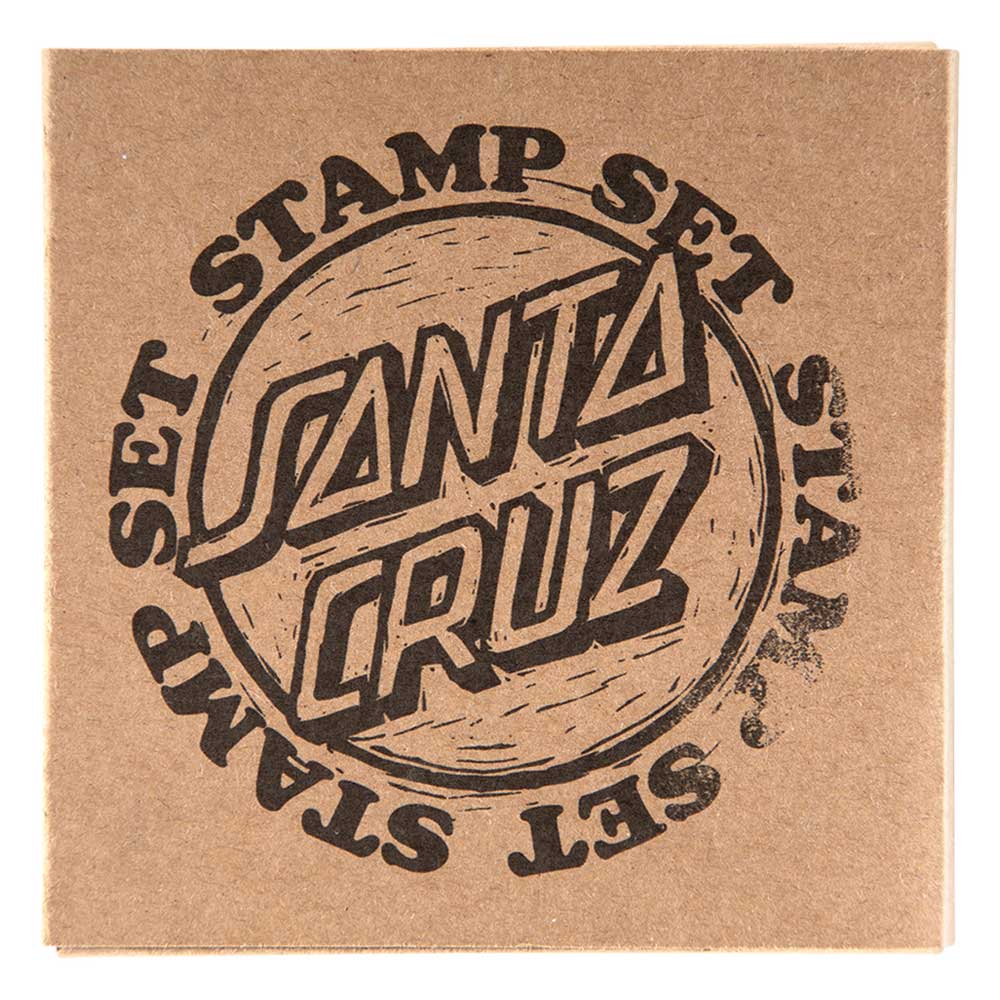 The SC Stamp Set Natural OS Unisex Santa Cruz comes in a brown box featuring a bold, circular SANTA CRUZ stamp—a must-have for Santa Cruz Skateboards fans or anyone collecting unique wooden stamp sets.
