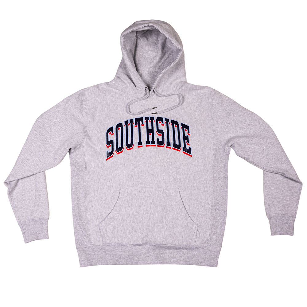 Southside The Glide Premium Heavyweight Pullover Hoodie Gray Heather is a pullover with a drawstring hood, kangaroo pocket, and SOUTHSIDE printed in arched, navy-and-red-outlined lettering across the chest.