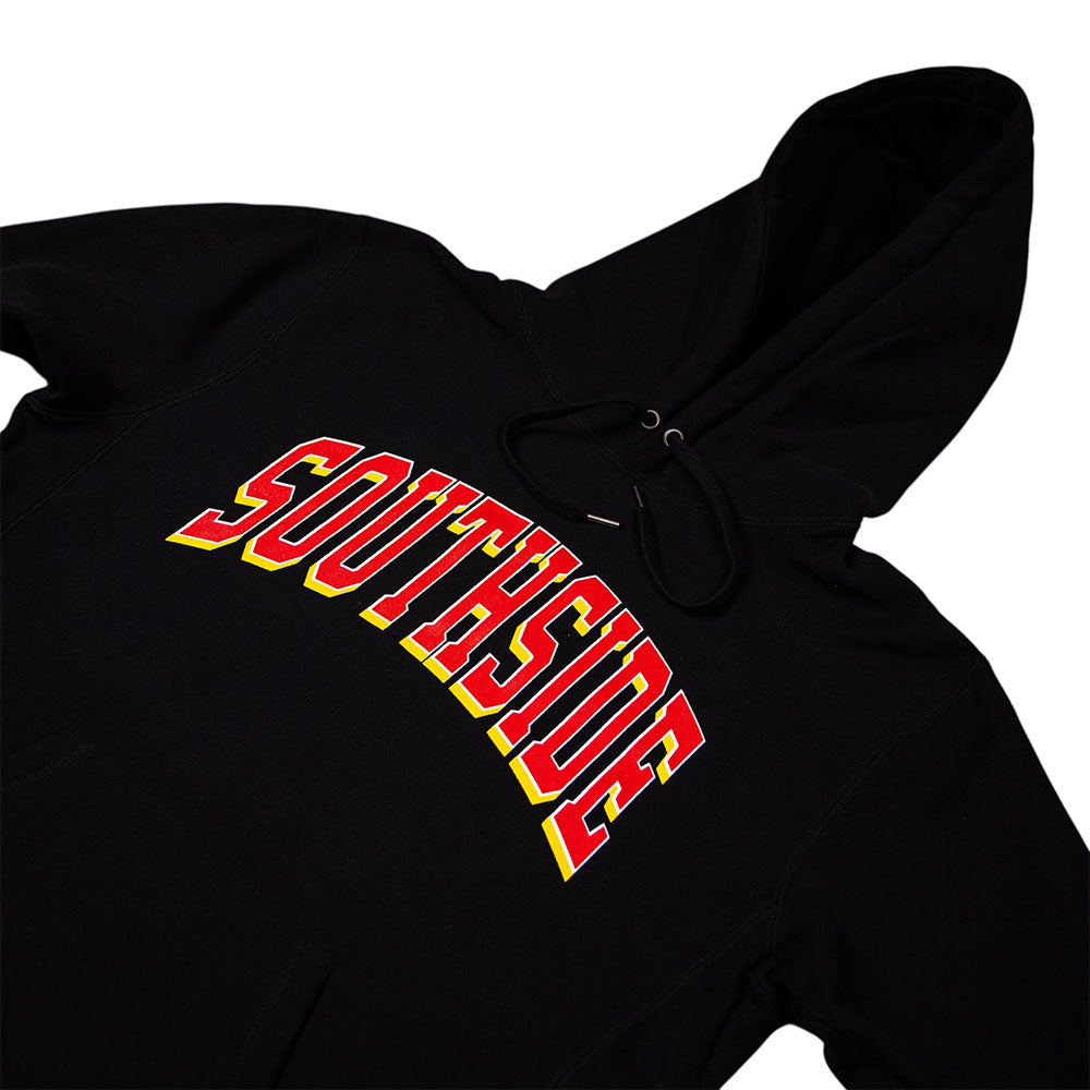 Southside The Dream Premium Heavyweight Pullover Hoodie Black Screenprinted featuring a black pullover hoodie with SOUTHSIDE printed on the chest in a red, yellow, and white arched varsity font in a vintage teamwear style.