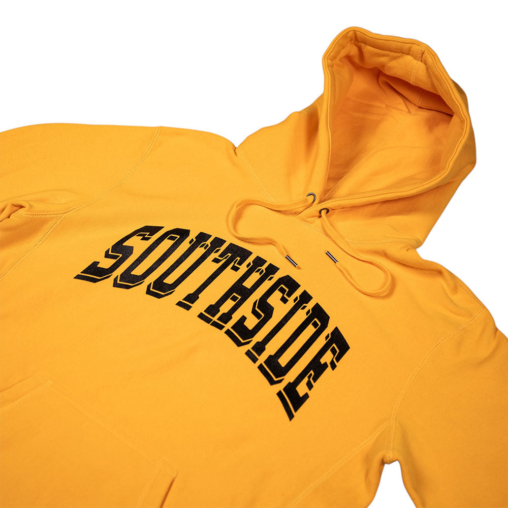 Southside The Jetpack Premium Heavyweight Pullover Hoodie Gold Yellow, a heavyweight gold yellow hoodie with a black arched SOUTHSIDE Skateboarding graphic across the chest.