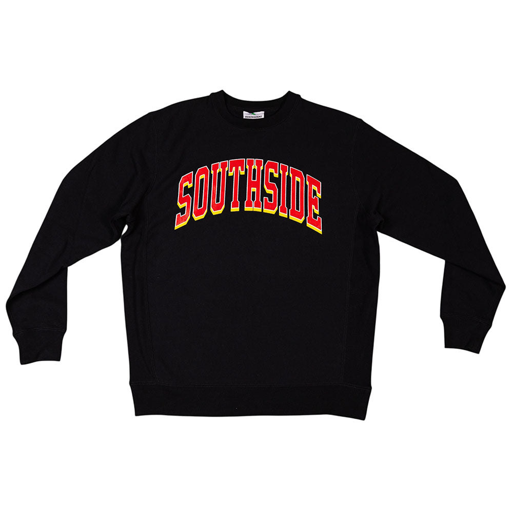 Southside The Dream Premium Heavyweight Crewneck Black Screenprinted sweatshirt featuring SOUTHSIDE in red varsity-style lettering with a yellow outline, reminiscent of vintage teamwear.
