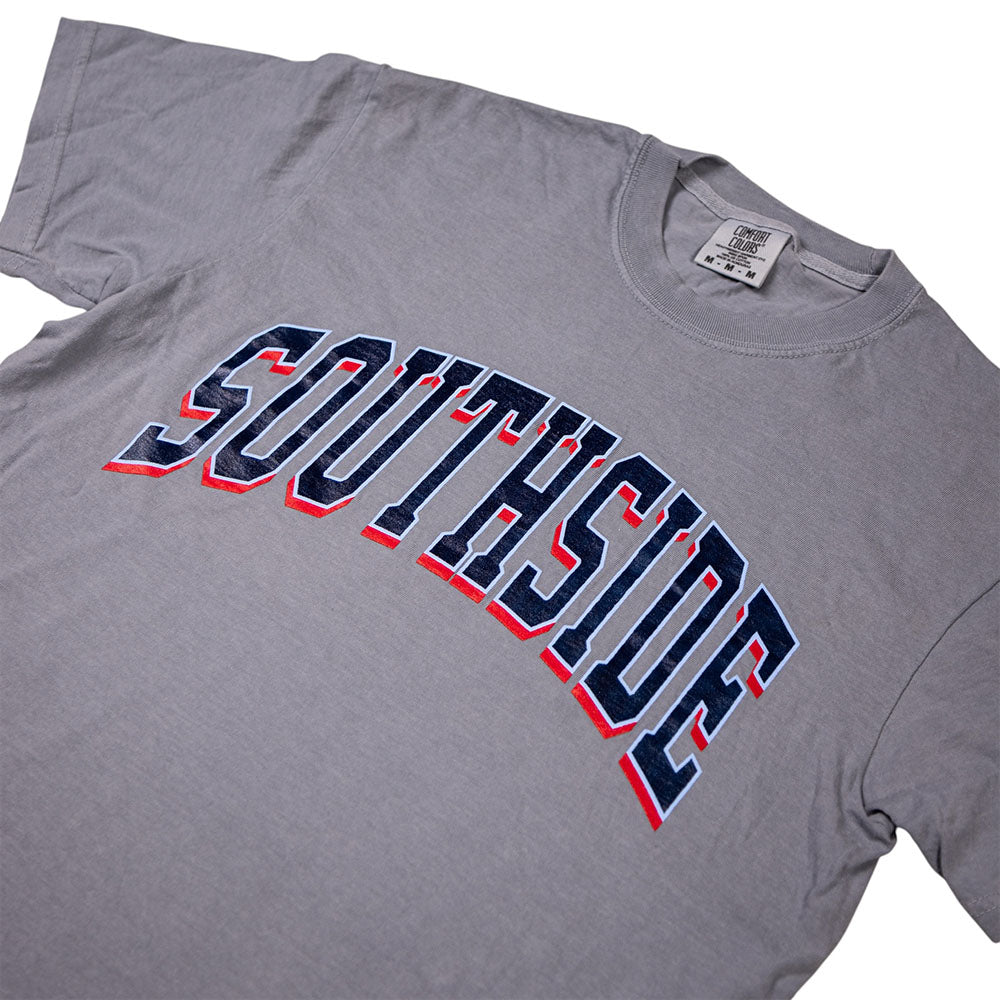 Granite gray Southside The Glide T-Shirt featuring SOUTHSIDE printed in arched, navy-blue collegiate lettering with red and light blue outlines.
