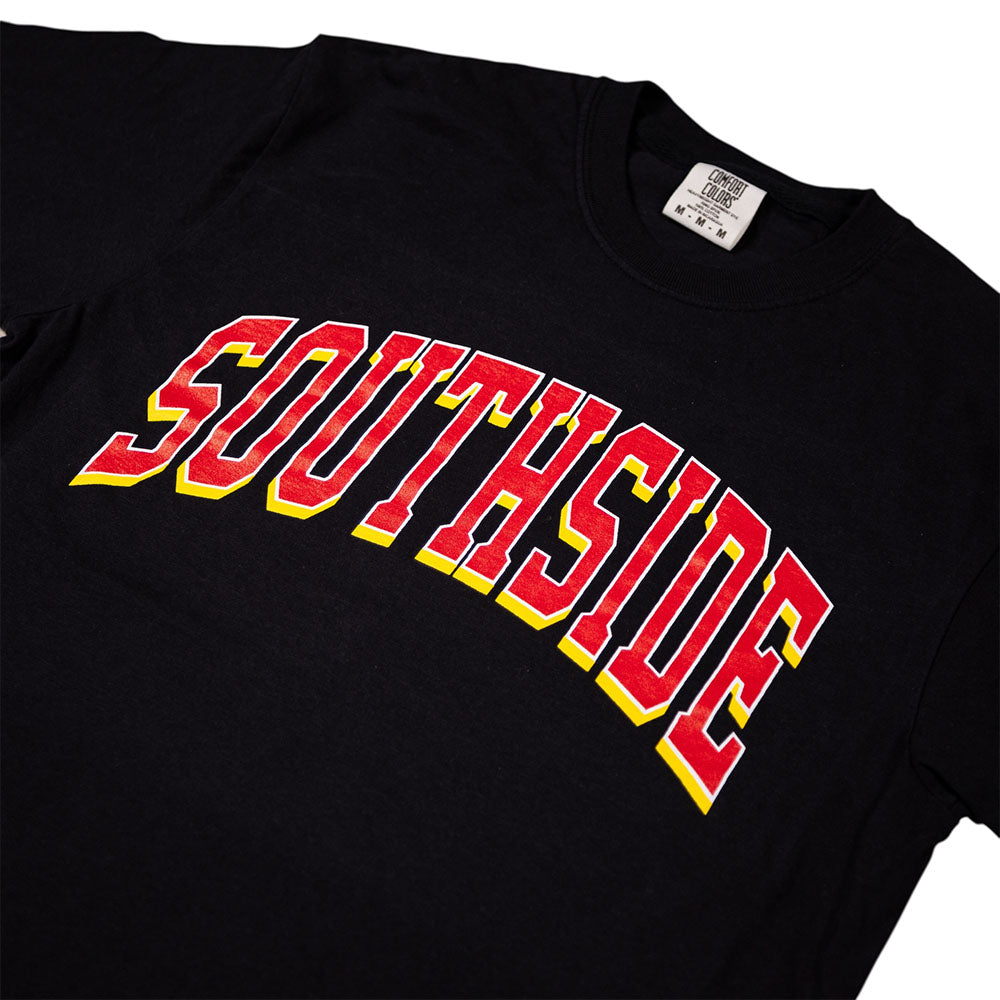 Southside The Dream T-Shirt Black Tee Screenprinted featuring SOUTHSIDE printed in arched, yellow-outlined red lettering across the chest.