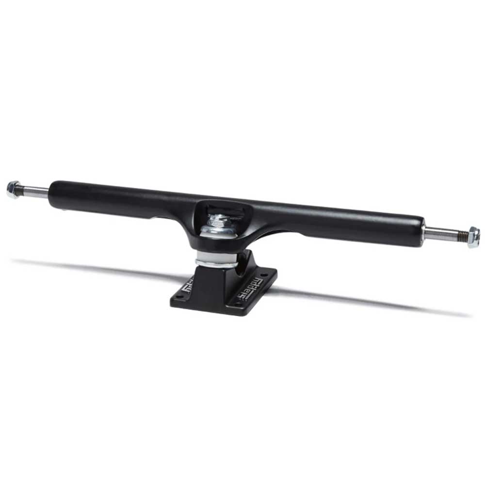 A pair of BAM ST1 Classic Hollow 8.25 Slappy Trucks, black with wide axles, silver bolts on each end, and rectangular baseplates—ideal for 8.1–8.3 inch boards—displayed on a white background.