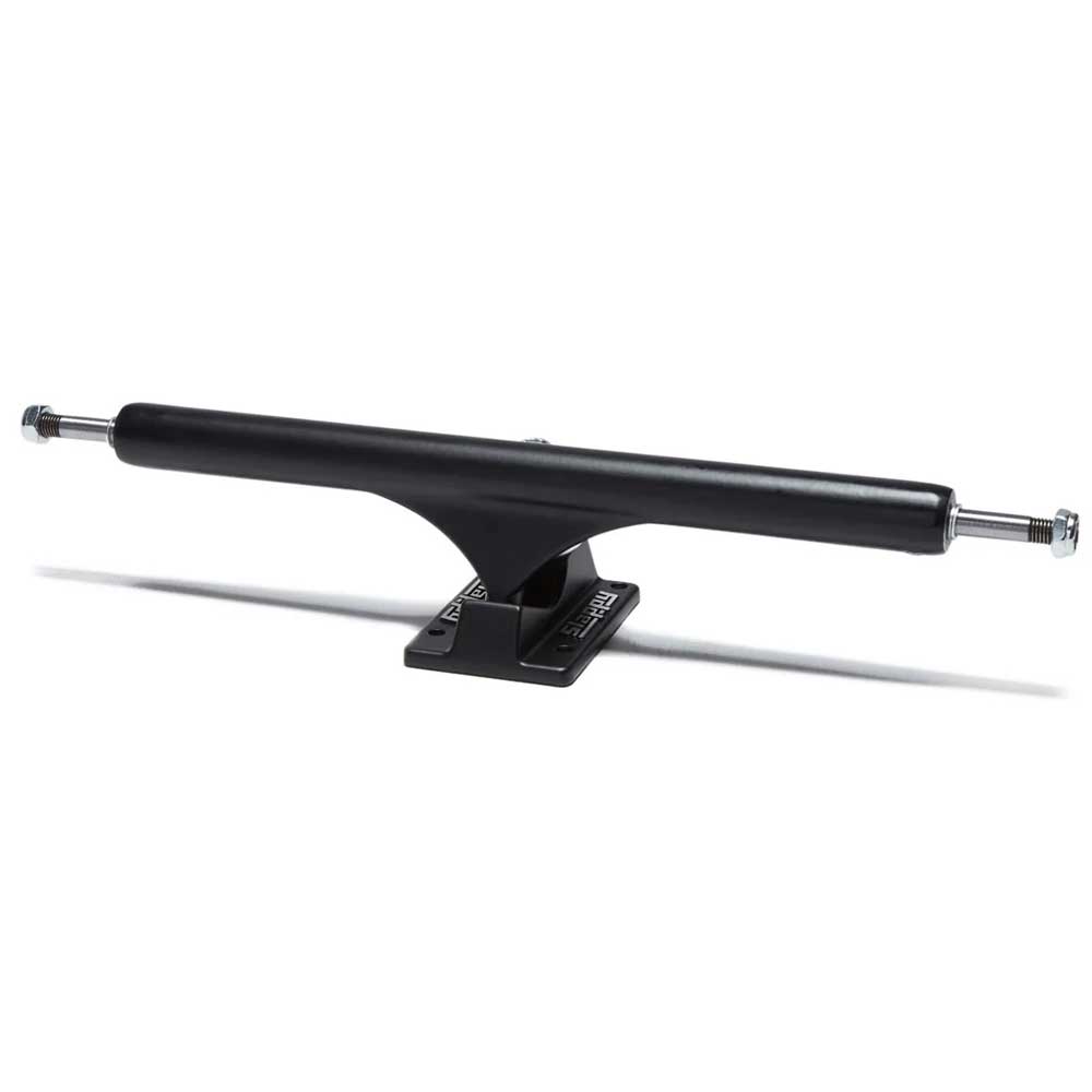 The BAM ST1 Classic Hollow 8.25 Slappy Trucks Set of TWO, shown from the side with a black finish, mounting base, axle, and kingpin, is ideal for 8.1 to 8.3 inch boards and displayed isolated on a white background.