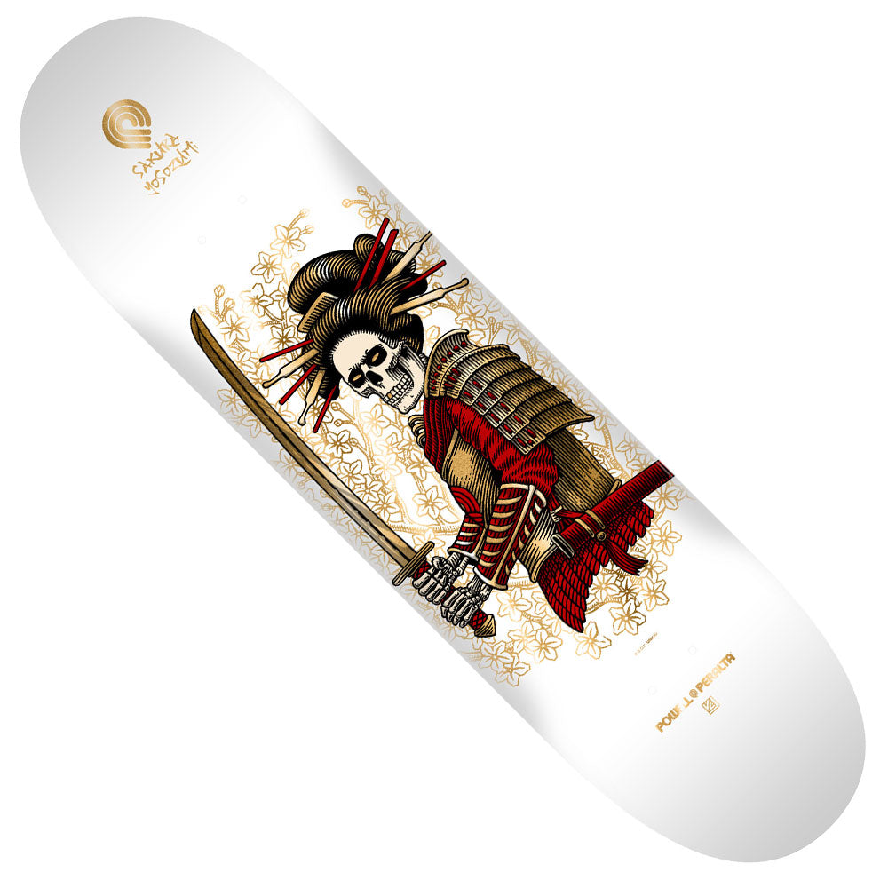 The Sakura Yosozumi Onna Bugeisha Pro Flight Deck 8.25x31.8 by Powell Peralta features a skeleton samurai in red and gold armor with a sword, set against a vibrant floral background on a white and gold foil surface.