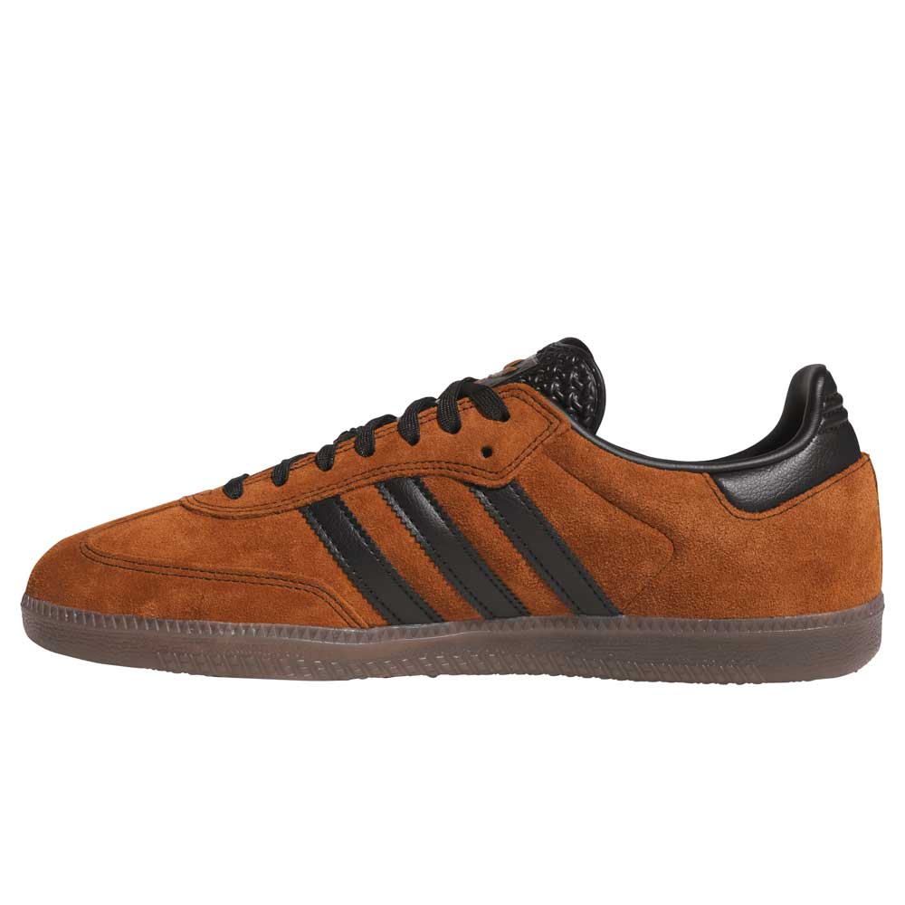 The Samba ADV Brown Black HQ9286 by Adidas Skateboarding is a low-top leather and suede skate shoe featuring black stripes, black laces, a brown rubber sole, and a rounded toe for classic comfort and timeless style.