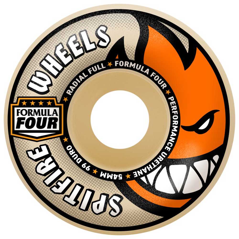 A skateboard wheel displays a large orange flame face with sharp teeth, surrounded by bold "San Francisco SF 58mm99A Radial Full Spitfire Wheels" text, inspired by the brand’s San Francisco roots.
