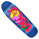The Sandoval Peace Sign 9.81x32 Krooked Skateboard Deck with blue grip tape features a colorful crowned pink face, yellow hair, flowers, birds, and bold black outlines, plus the Sandoval name and Peace Sign graphic.