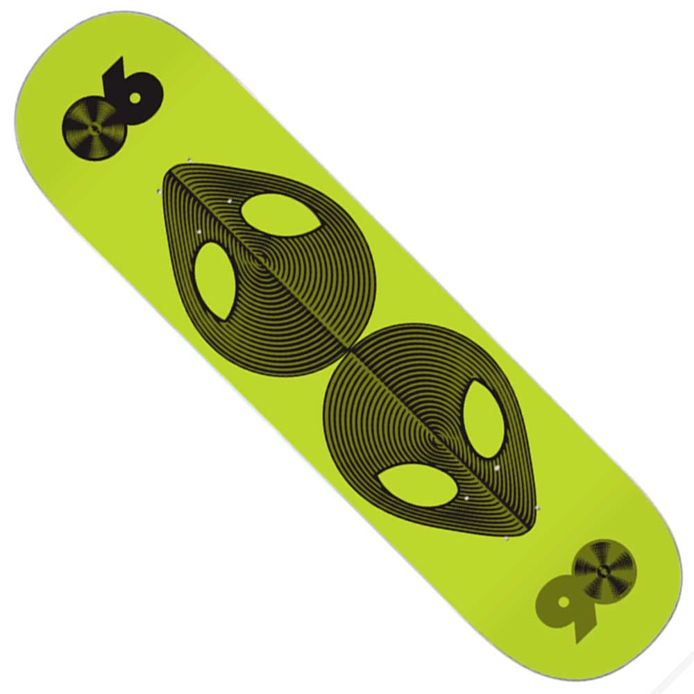 The Scanners Twin Tail 8.37 Alien Workshop Skateboard Deck is a green, twin tail skateboard made in Mexico, featuring two black stylized alien faces in the center and the numbers 96 and 69 printed near the ends.