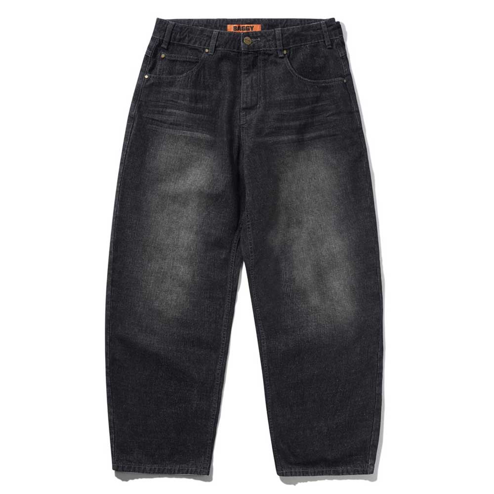 Distressed Flat Black Relaxed Denim Jeans by Butter Goods: 100% cotton, faded wash, five pockets, button closure, relaxed fit with visible stitching details.