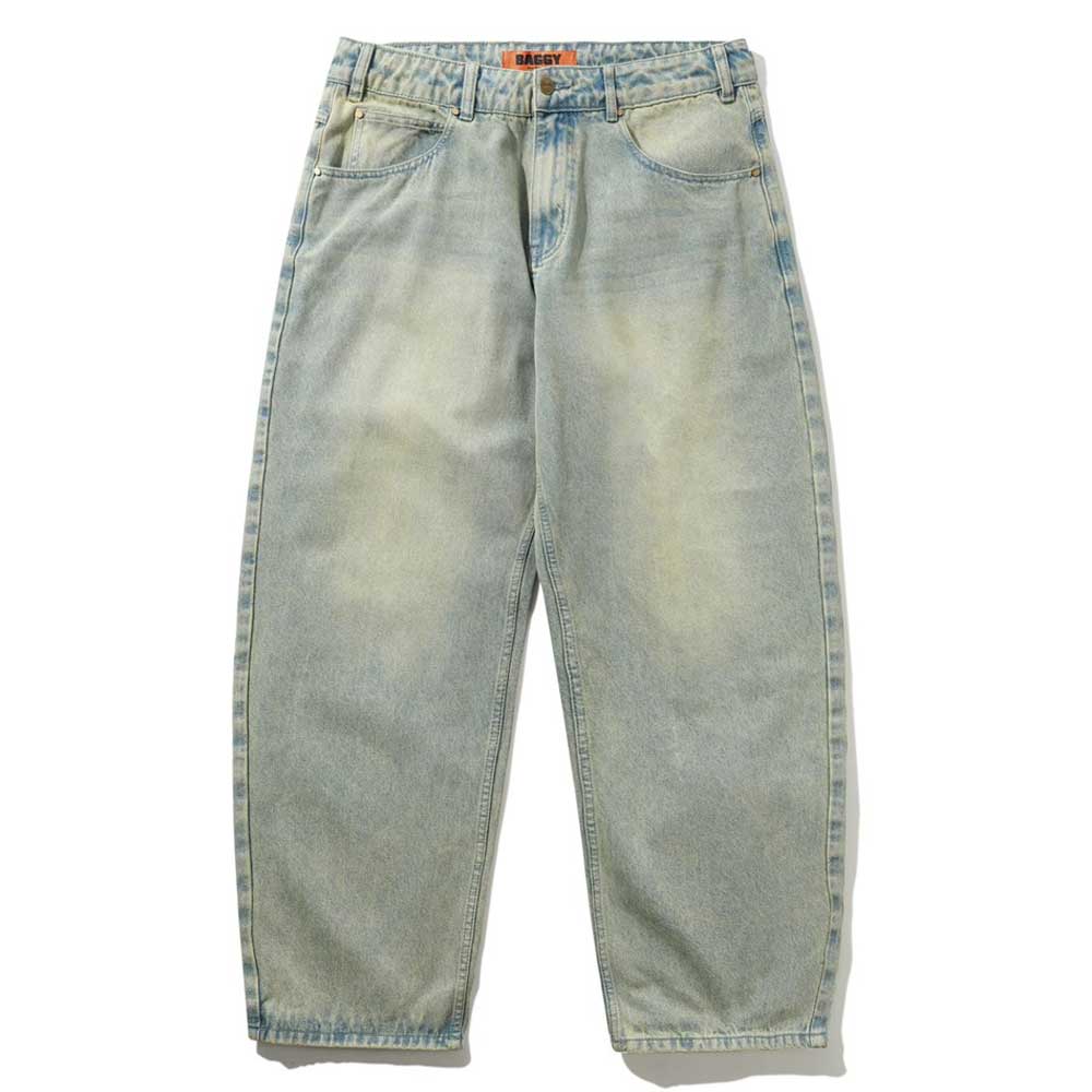 Scorpion Stitch Tinted Light Blue Denim Jeans by Butter Goods: baggy fit cotton jeans with a faded vintage wash, five pockets (including embroidered patch pockets), and an orange label inside the waistband. Laid flat on white.