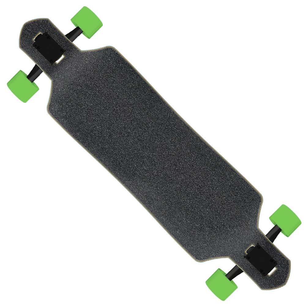 The Screaming Hibiscus 9in x 36in Drop Thru Cruzer by Santa Cruz features a textured grip top, black downhill trucks, and bright green wheels, shown on a white background.