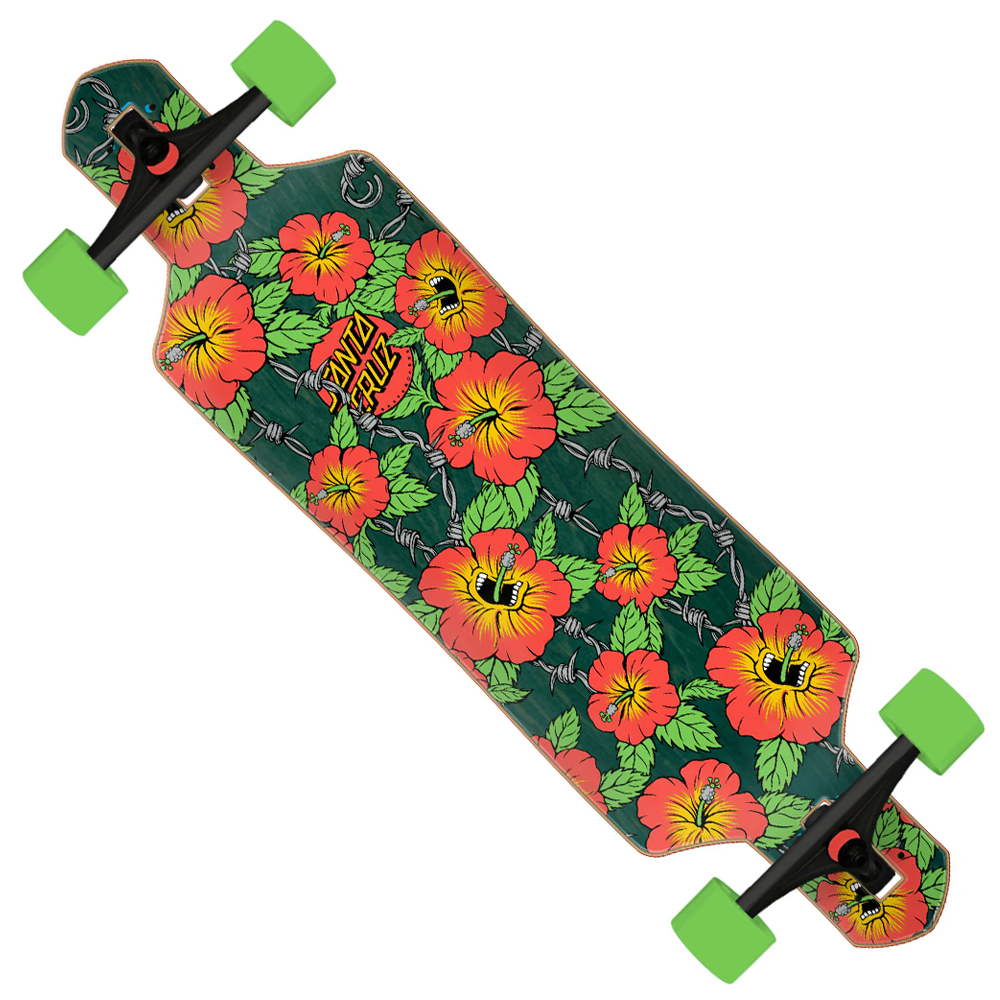 The Screaming Hibiscus 9in x 36in Drop Thru Cruzer Santa Cruz longboard features bright green wheels and a deck adorned with bold red and yellow hibiscus flowers with green leaves on a dark background.