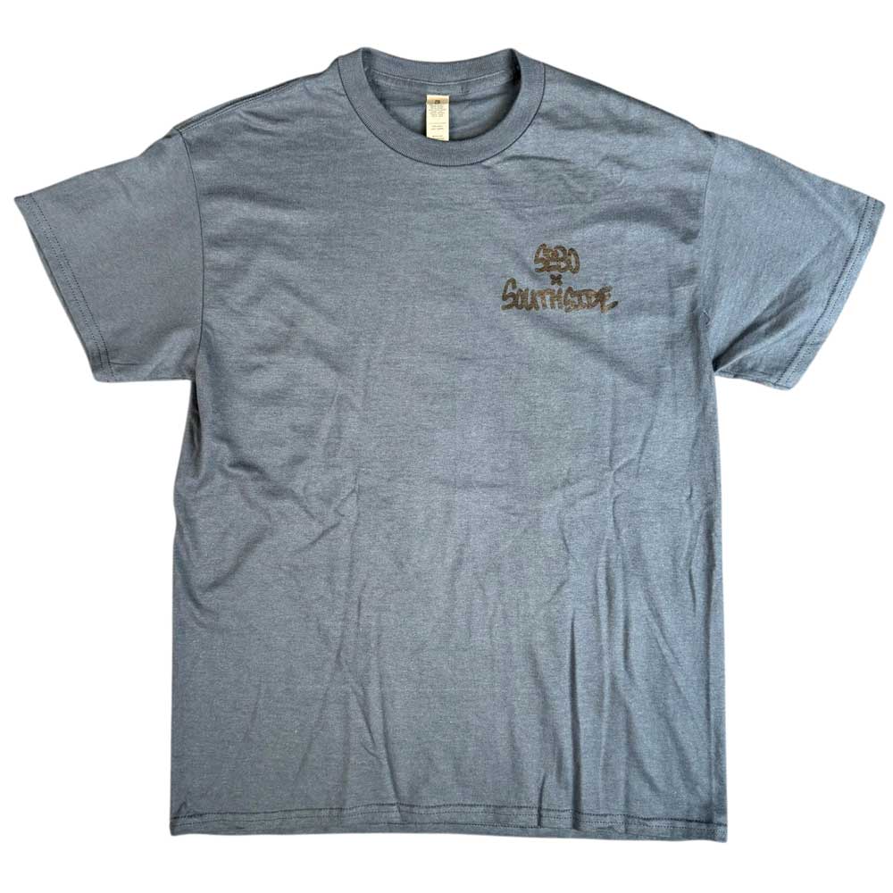 The Sebo Walker x Southside Skatepark Blueberry Tee is a plain gray short-sleeve shirt featuring "420 Southwest" in small gold graffiti-style letters on the left chest, inspired by Southside Skatepark and shown laid flat on a white background.