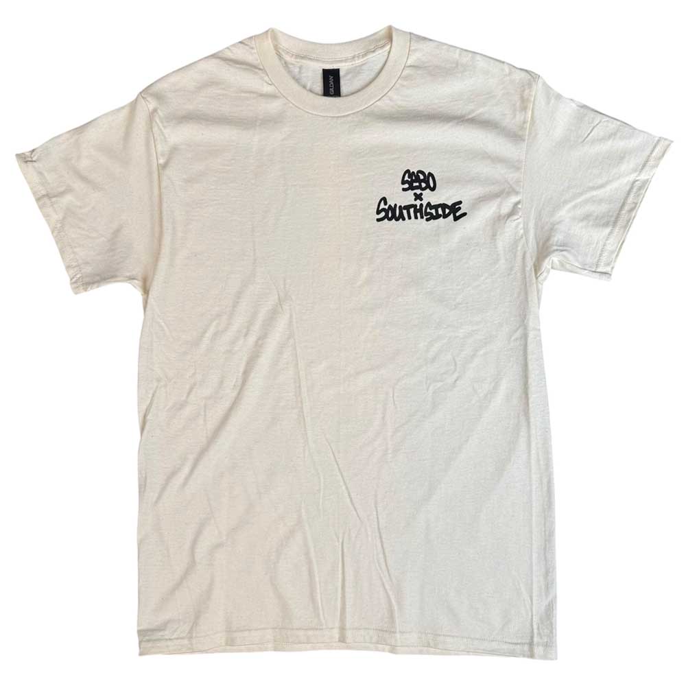 The Sebo Walker x Southside Skatepark Oat Tee is a white tee featuring a small black "S80 Southside" graphic on the left chest, inspired by Southside Skatepark. The shirt is displayed flat on a white background.