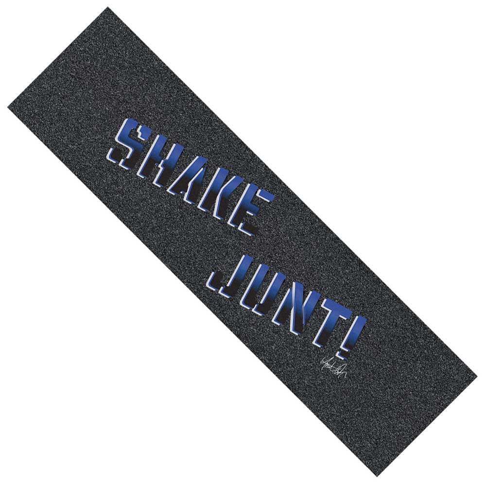 A rectangular sheet of Shake Junt Antwuan Dixon Signature Grip Tape, sized 9 inches by 33 inches, featuring a graphic design and engineered for bubble-free application—a classic look with bold blue and white SHAKE JUNT! lettering diagonally across the surface that stands toe-to-toe with Mob Grip in both performance and attitude.