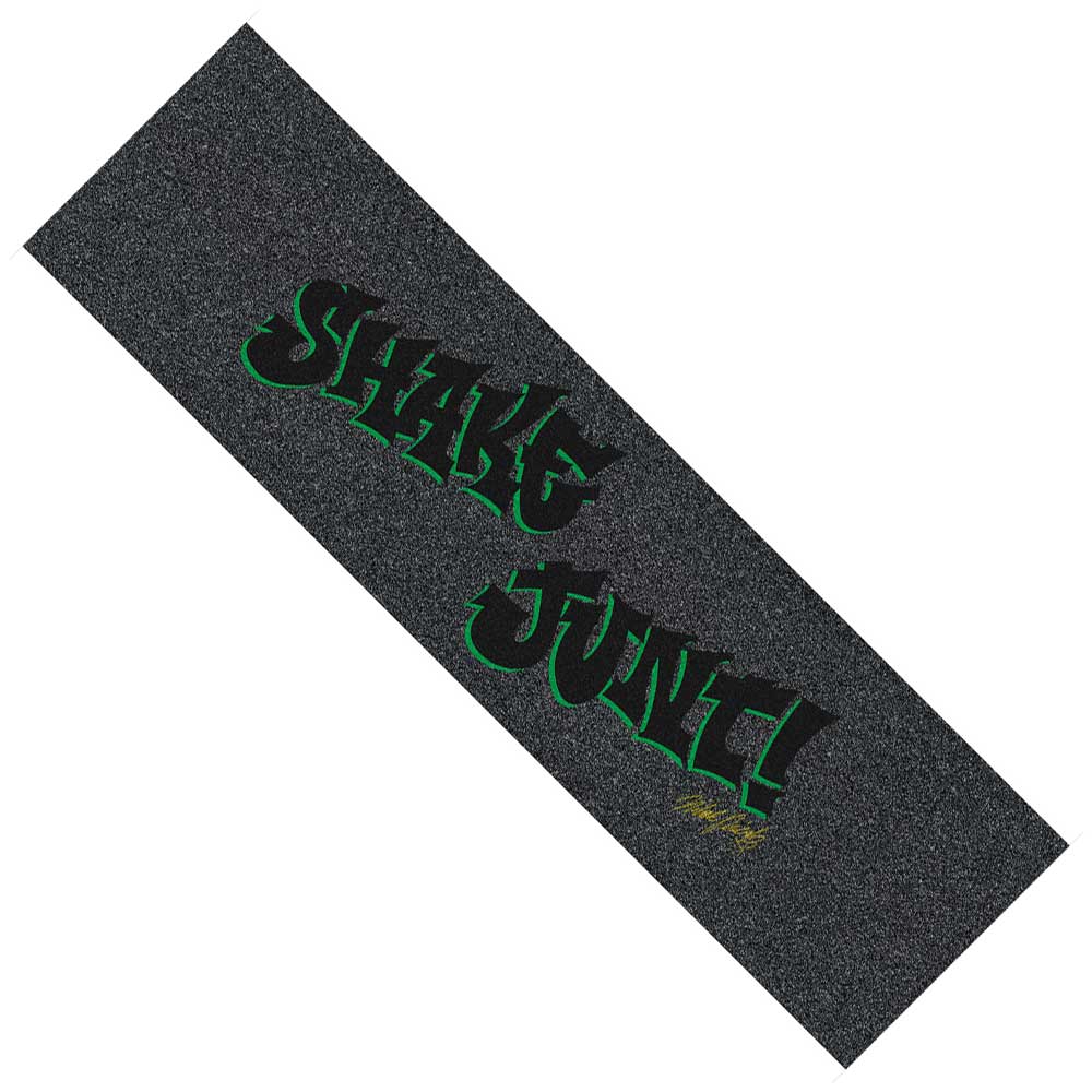 The Shake Junt Nikolai Piombo Signature Grip Tape 9in x 33in Sheet features bold SHAKE JUNT! green graffiti-style letters outlined in yellow and offers a bubble-free application like Graphic Mob.