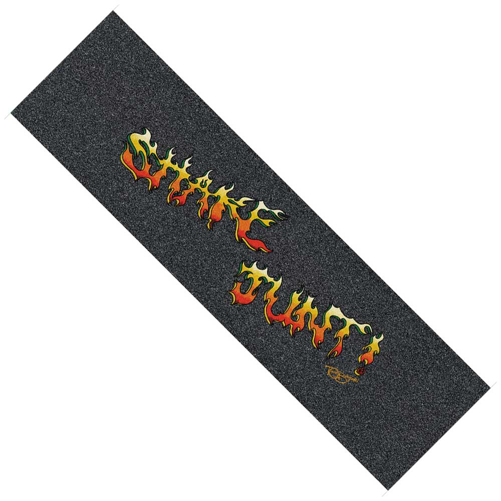 The Shake Junt Tanner Burzinski Signature Grip Tape 9in x 33in Sheet by Graphic Mob is black, bubble-free, and features bold yellow and red flame-style "Shake Junt" lettering across the center.