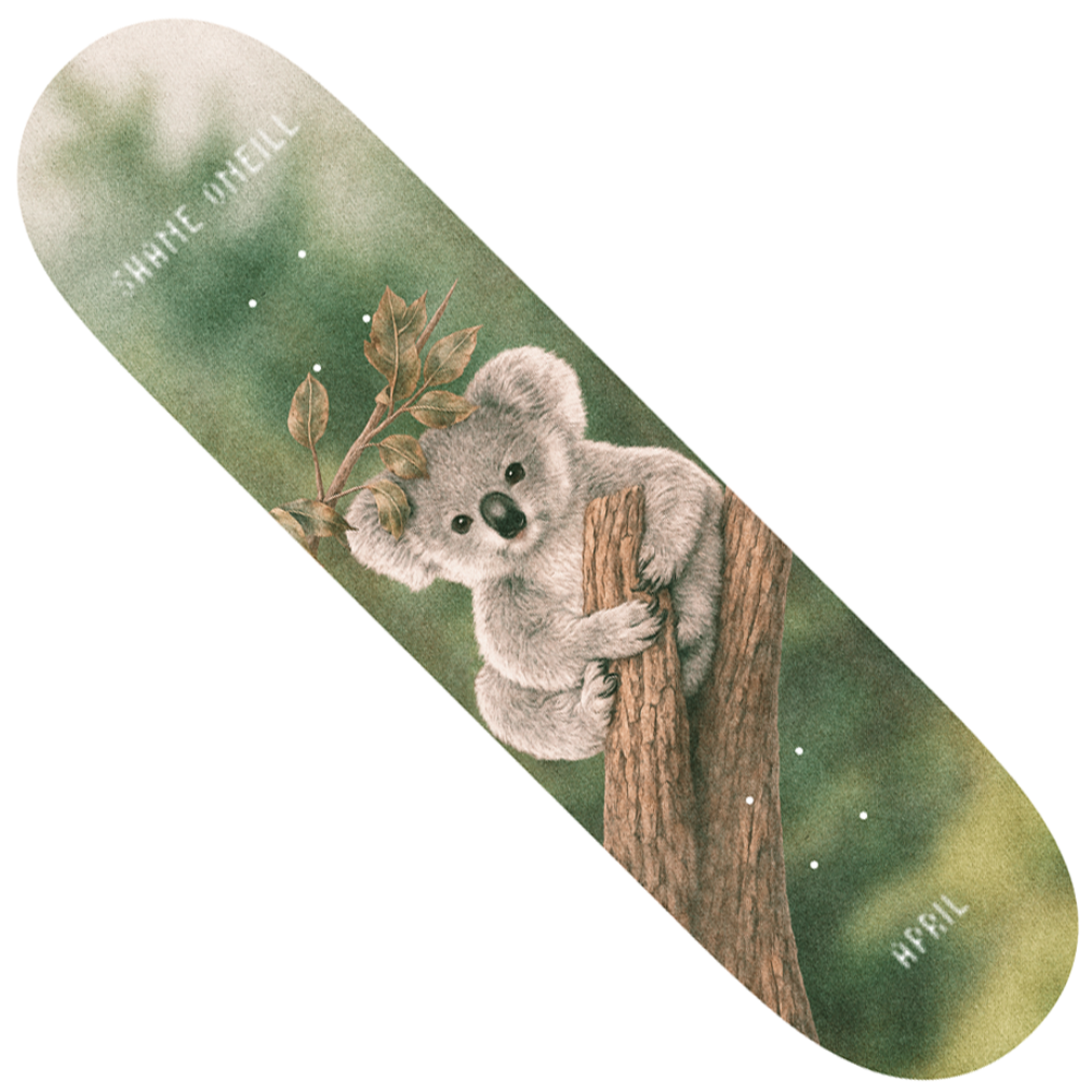 The Shane ONeill 8 Marsupial April Skateboards Deck is a premium maple popsicle deck, featuring a koala hugging a tree branch with green foliage, and Shane ONeill and April printed on opposite ends. Perfect for street and park skating.