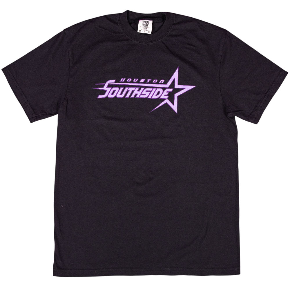 The Southside Sharp Star T-Shirt in black features purple and lavender screenprinted text inspired by Southside Skatepark, capturing vintage skate tee vibes with a stylized star design.