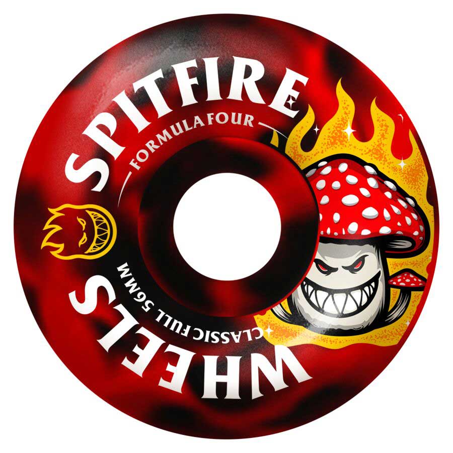 A red skateboard wheel from the Shroom Bighead 56mm99A Classic Full Black Red Swirl Spitfire Wheels, featuring a cartoon red-and-white angry mushroom with yellow flames and bold SPITFIRE branding.