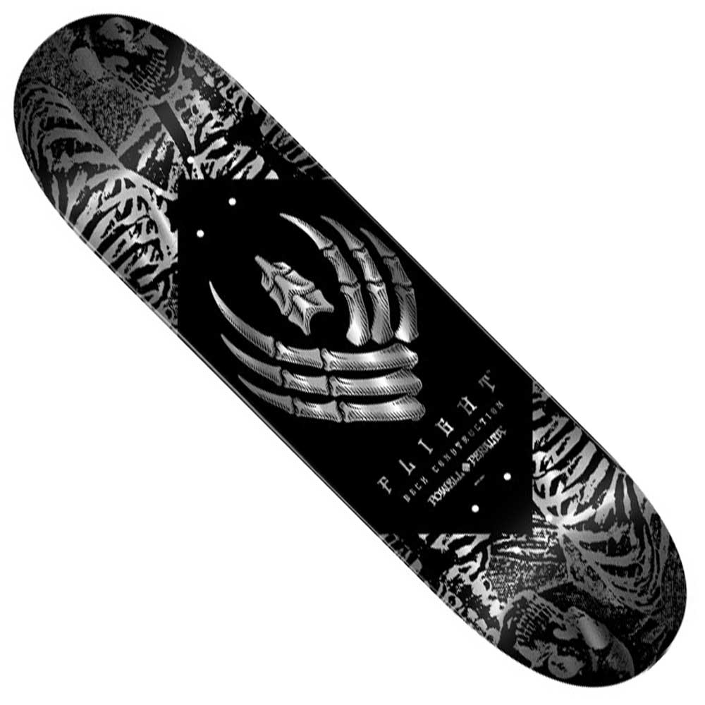 The Silver Foil Skeleton Flight Deck 8.25x31.8 by Powell Peralta features a black and white skeletal hands and bones design with "FAITH" at the center, offering lasting pop and striking style for skateboarders.