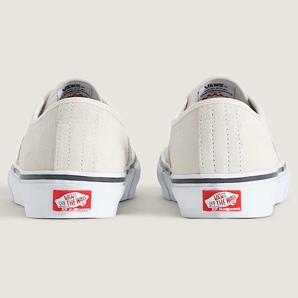 A pair of Skate Authentic White Gunmetal Vans VNOA5FC8XQL Suede White Skateboarding Shoes are shown from the back, featuring the red "Off the Wall" heel logo and white rubber sole with grip traction against a neutral background.