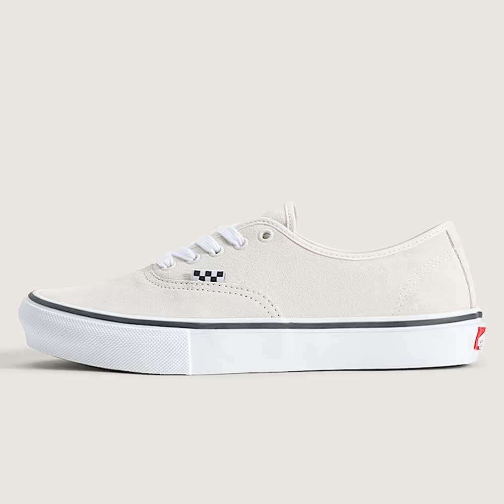 The Skate Authentic White Gunmetal Vans VNOA5FC8XQL Suede White Skateboarding Shoes feature a white canvas upper, white sole, black stripe, white laces, and a checkerboard detail near the eyelets for grip and durability, shown side view on a light background.