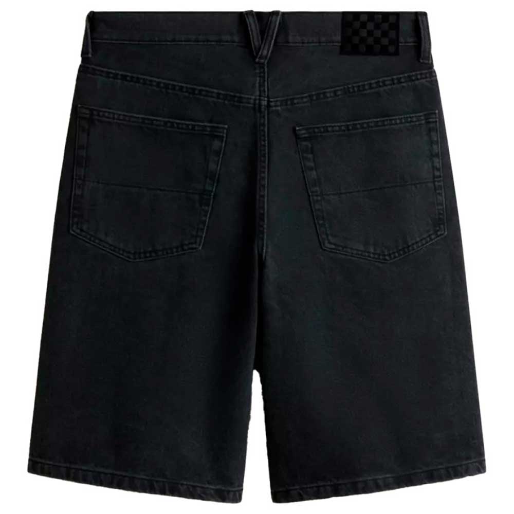 The Skate Check 5 Loose Shorts Black Denim by Vans Skateboarding are shown from the back, featuring a loose fit, two large back pockets, and a black rectangular patch on the waistband.