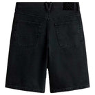 The Skate Check 5 Loose Shorts Black Denim by Vans Skateboarding are shown from the back, featuring a loose fit, two large back pockets, and a black rectangular patch on the waistband.