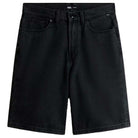 The Skate Check 5 Loose Shorts Black Denim by Vans Skateboarding are heavyweight black denim skate shorts with a loose fit, front and back pockets, and button-zip closure, shown on a plain white background.