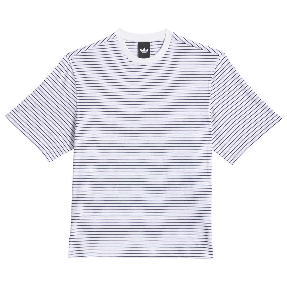 A white short-sleeve Adidas Skateboarding Skate Yarn Dye Tee (KC6291) featuring thin horizontal dark blue stripes and a ribbed crew neckline.