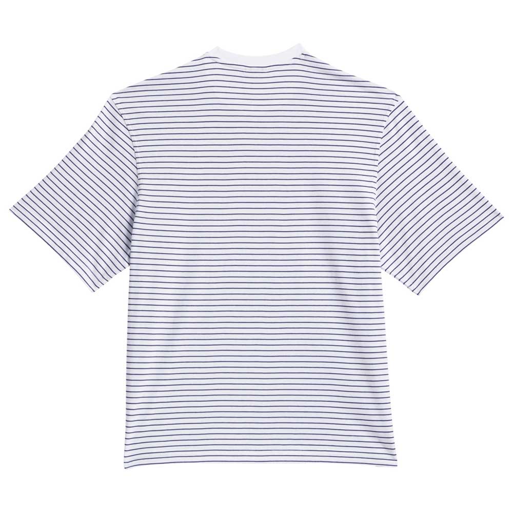 White short-sleeve Skate Yarn Dye Tee in “White Dark Blue” (style KC6291) by Adidas Skateboarding, featuring thin, evenly spaced horizontal dark blue stripes, shown from the back against a plain white background.