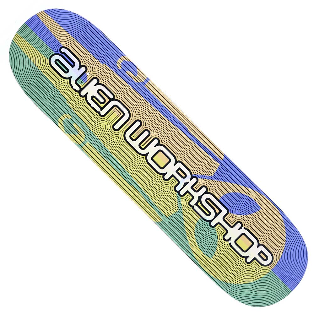 The Soldier Echoes Green Deck 8.5x32.2 by Alien Workshop features yellow, blue, and green wavy lines with bold white "Alien Workshop" text, representing the Soldier Echoes collection.