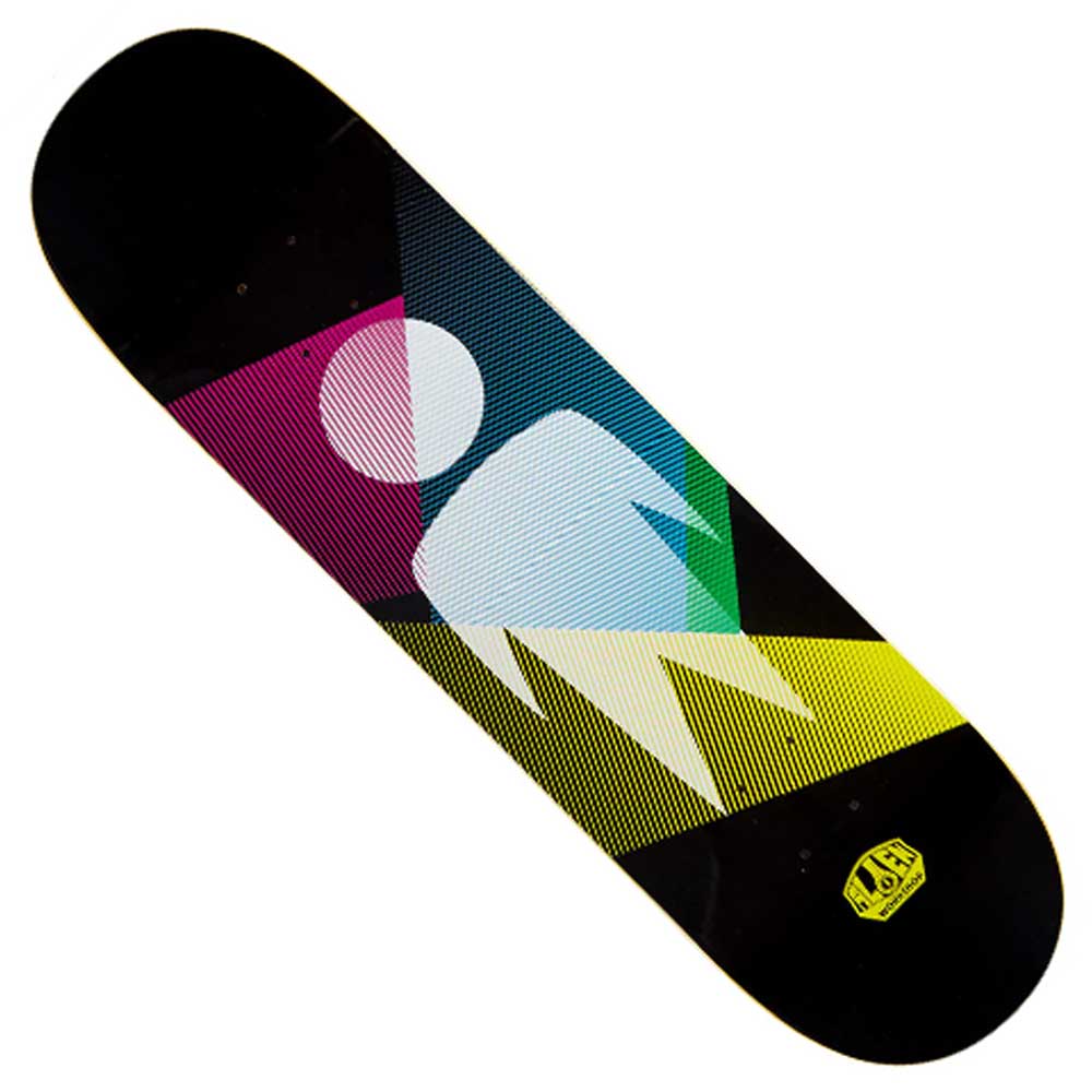 The Solorays Deck 8.38x32.2 Alien Workshop Skateboard has a black background with a colorful geometric design, a stylized white figure in the center, and the brand's yellow logo near one end.