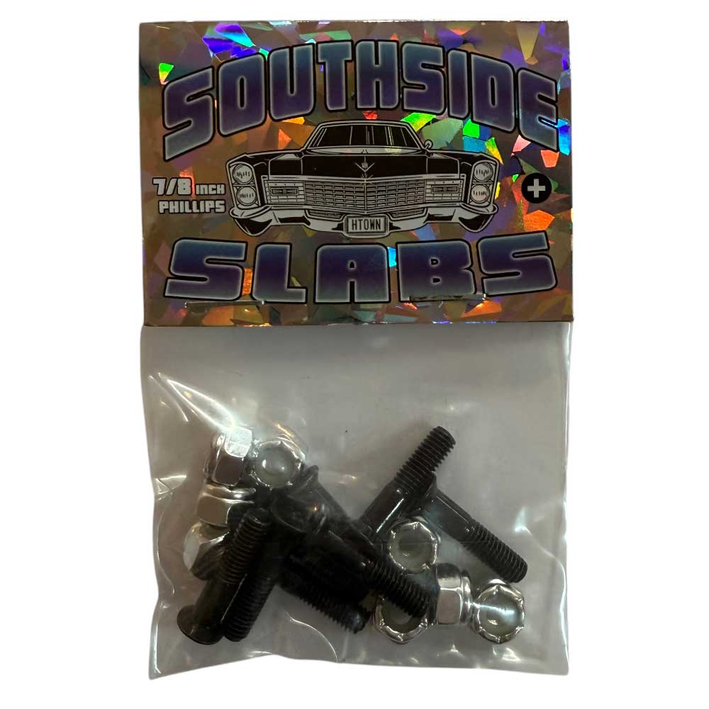 A clear plastic bag labeled Southside Slabs Hardware Black 7/8 inch Phillips features an illustrated car, holographic lettering, and visible skateboard bolts and hex nuts.