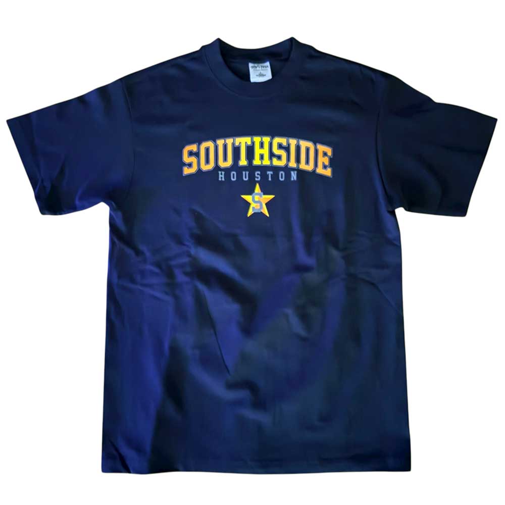 The Southside Tee Arching Navy Orange Yellow Reflective features yellow and white "SOUTHSIDE HOUSTON" text and a yellow star on navy USA cotton, offering standout streetwear style. Displayed on a plain white background.