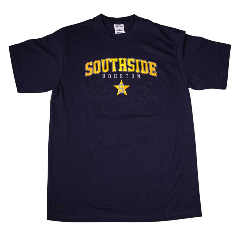 The Southside Tee Arching Navy Orange Yellow Reflective features bold yellow "SOUTHSIDE" text, "HOUSTON" in white below, and a yellow star with an S—designed for a classic streetwear look.