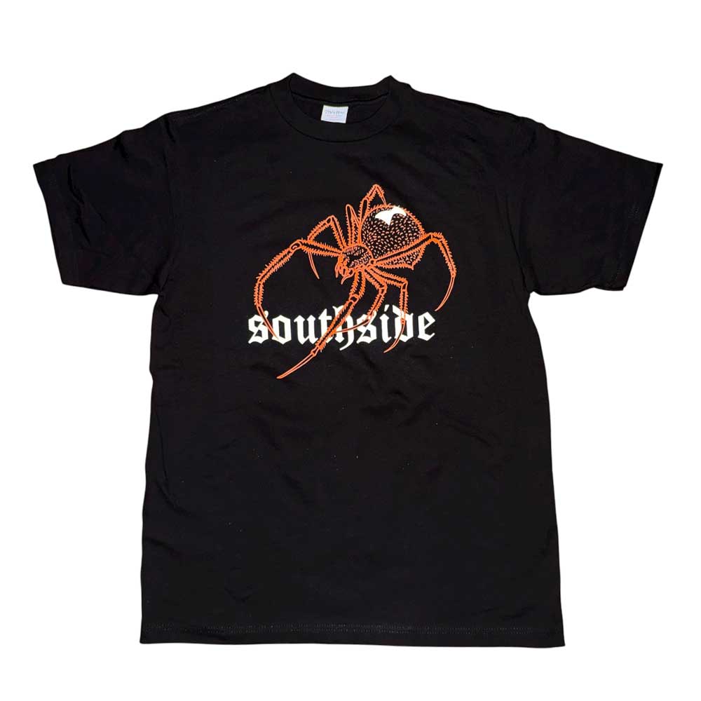 The Southside Tee Spider Black Orange Reflective is made from 100% USA cotton with a bold orange spider graphic and “southside” in white gothic letters on the front—perfect for streetwear style.