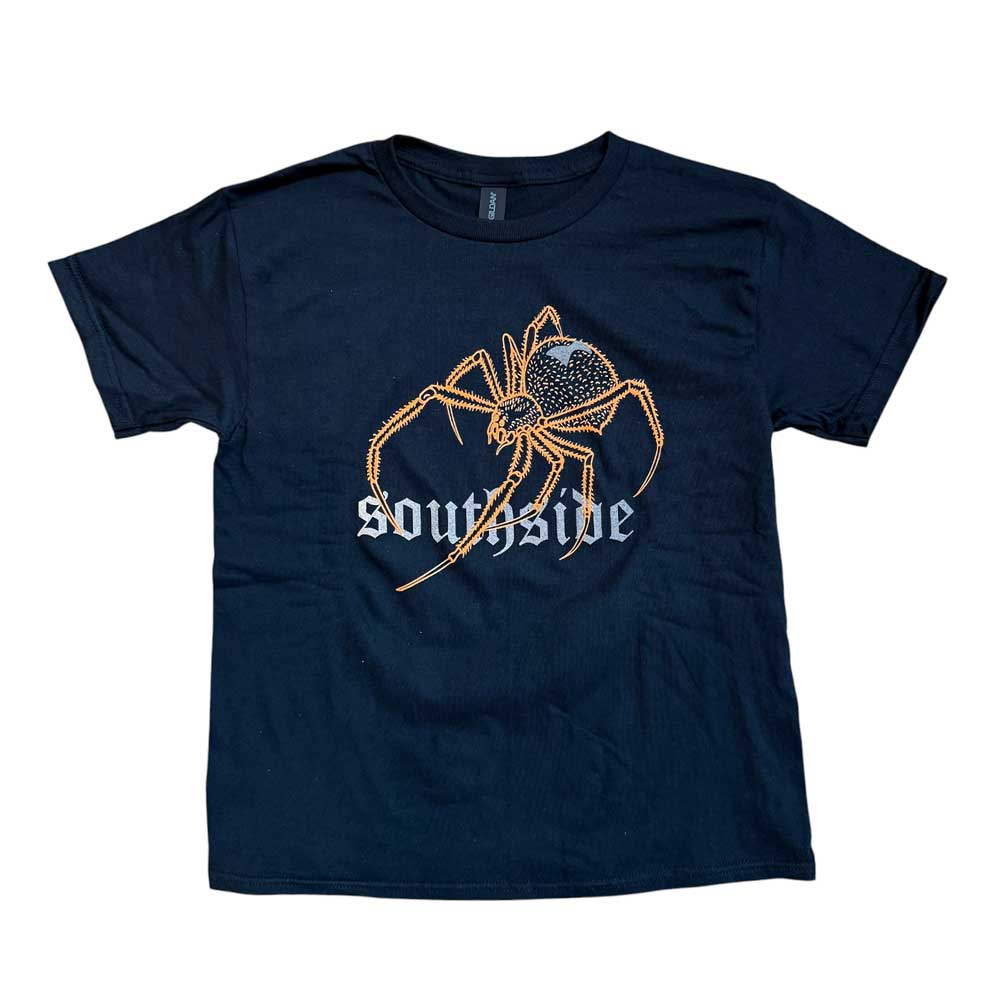 The Southside YOUTH Tee Spider Black Orange Reflective is a black Gildan Heavy Cotton t-shirt with a large orange spider graphic and gothic-style white "southside" text on the chest.