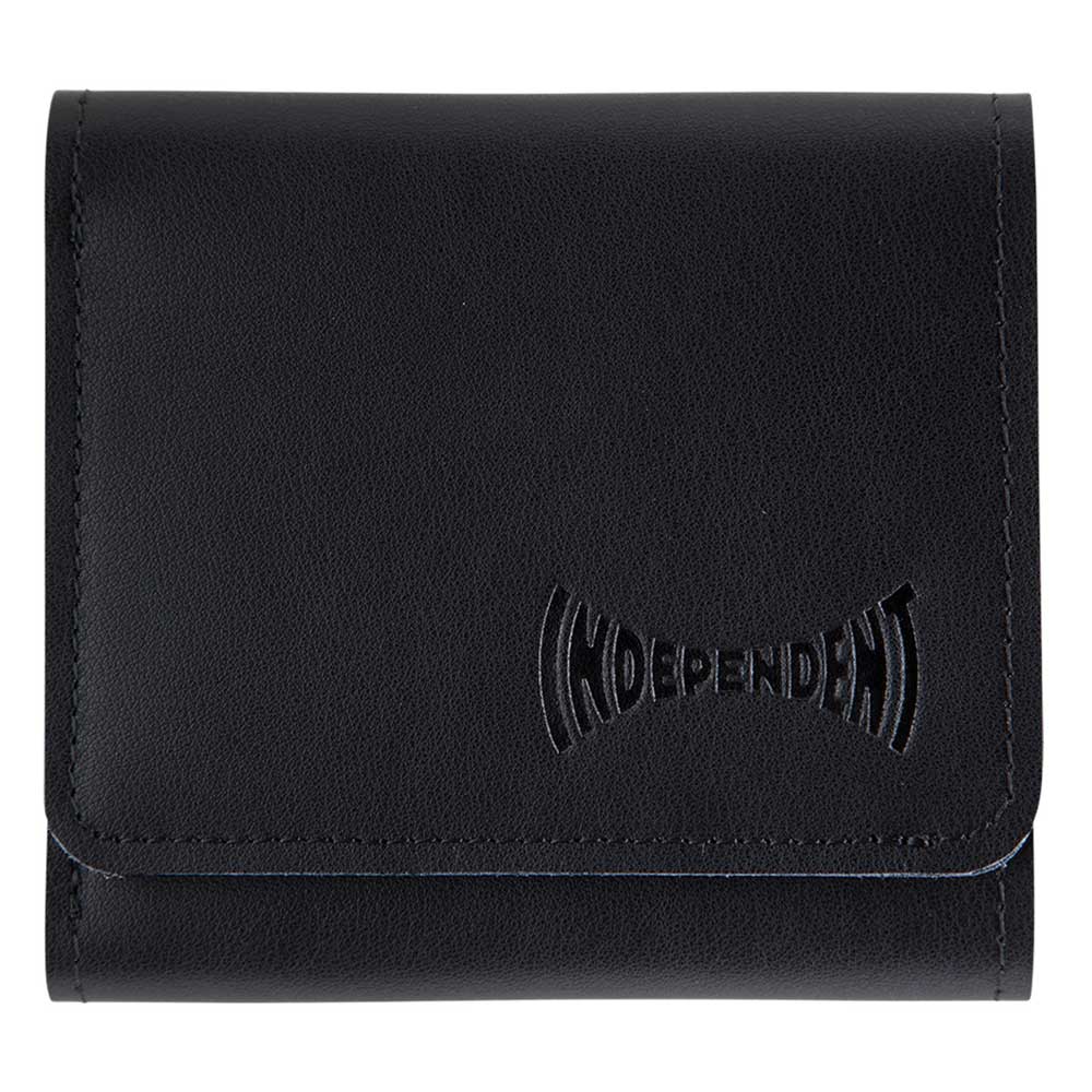 This black Span Leather Wallet by Independent features a curved "INDEPENDENT" emboss on the front flap—an ideal choice for fans of Independent Trucks.