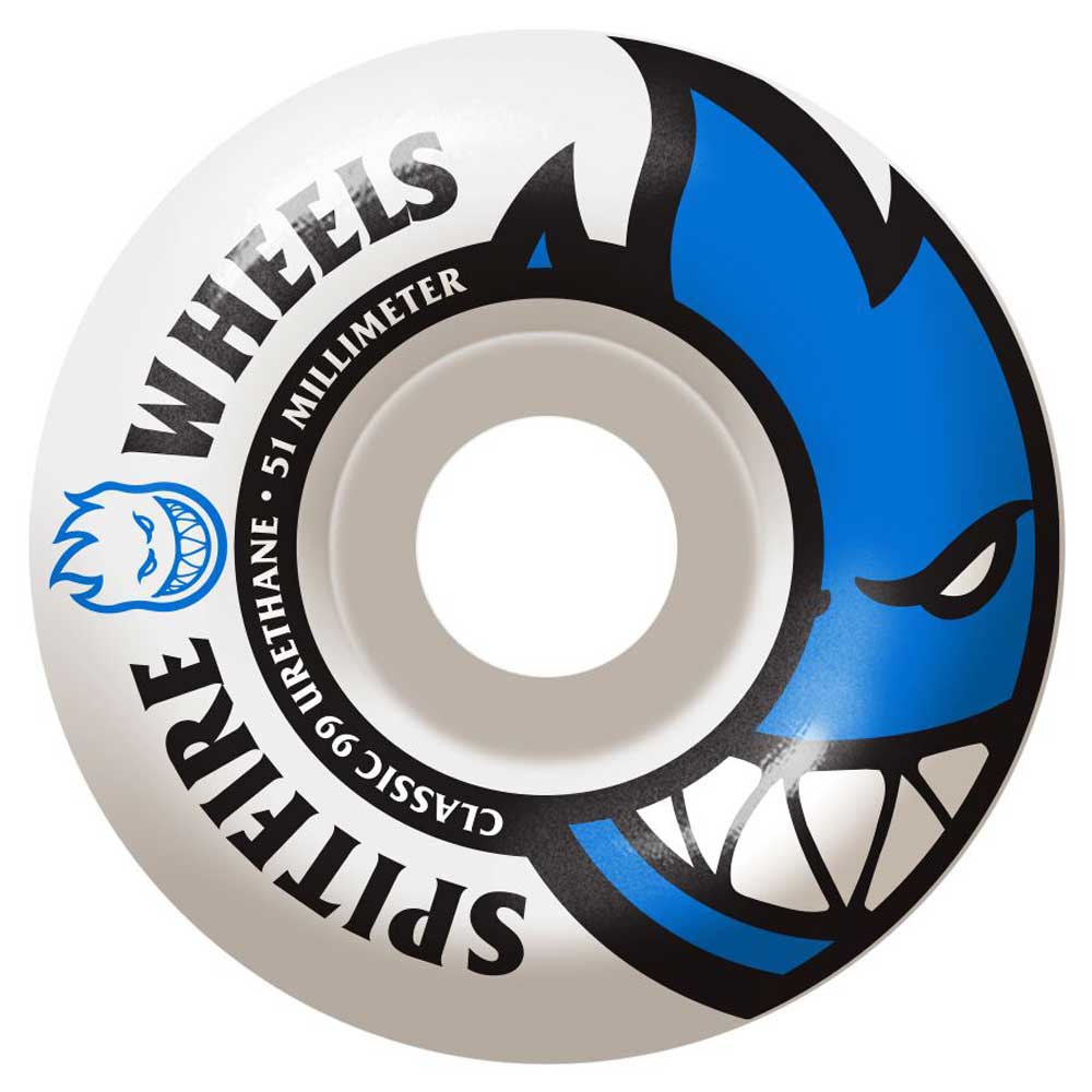 The Spitfire Wheels Bighead 51mm99A is a white skateboard wheel showcasing the bold blue flame Bighead character with black and blue highlights, featuring durable construction and classic Spitfire branding.